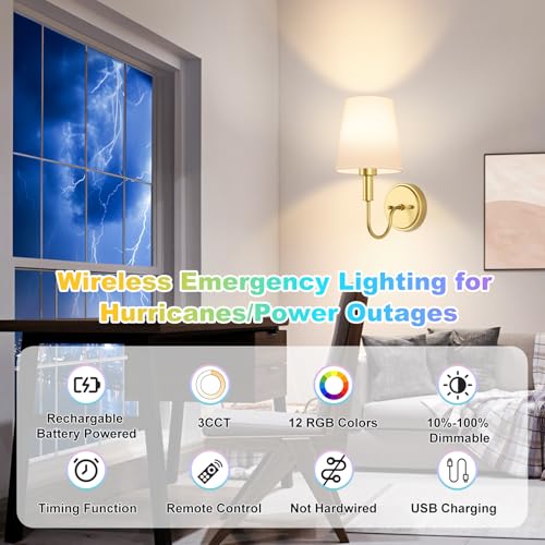 Wireless Rechargeable Wall Sconce, Battery Operated Wall Lights with Remote, Wall Lamps with Dimmable RGB LED Bulbs, No Wiring Gold Sconces Wall Decor Set of 2 for Bedroom Living Room Hallway - image 2