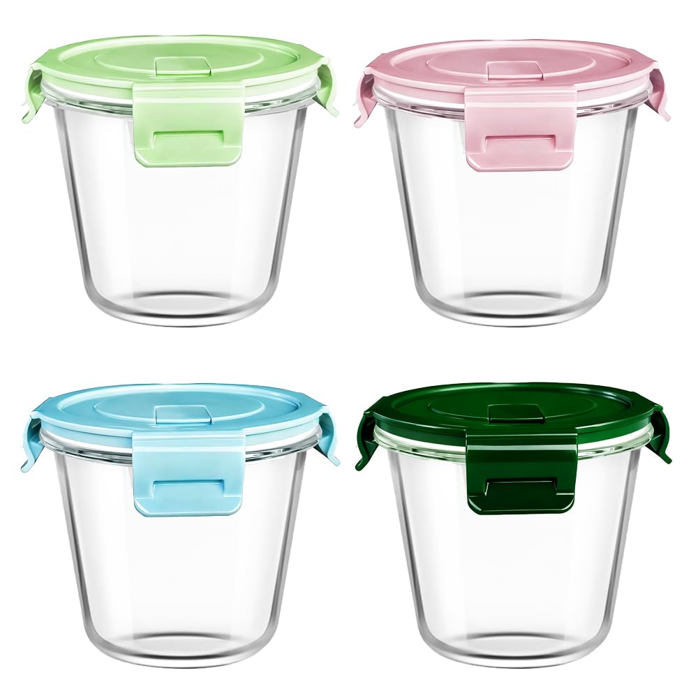 710ML Round Glass Soup Storage Containers With Lids, Glass Food Containers With Lids, Round Food Containers for Soup, Lunch, Salad, Leftovers, BPA Free,Freezer, Oven,Dishwasher Safe (4)