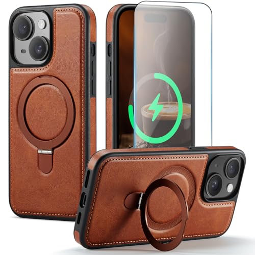 CHEEWADA for iPhone 14 Case with Stand Compatible with Magsafe Brown