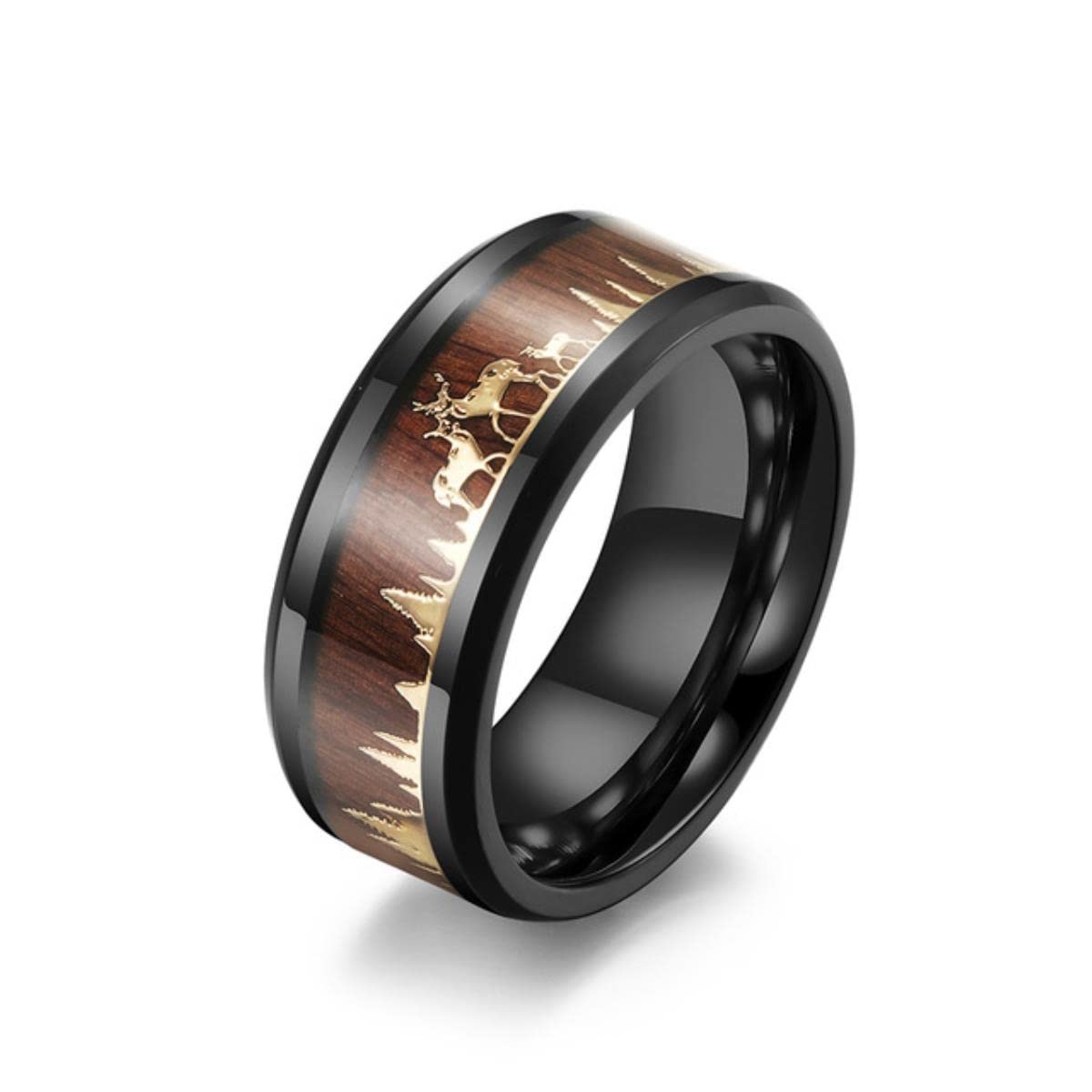 Yahoya Men's Gold Fashion 8Mm Black Tungsten Wild Life Hunting Ring Koa Wood Inlay Deer Family Silhouette Steel Ring Wedding Band
