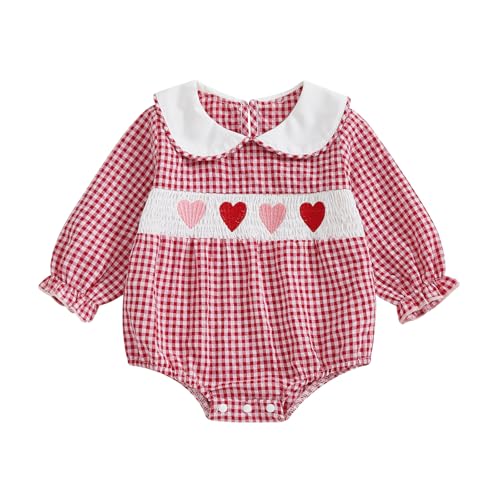Newborn Smocked Baby Girl Outfit Hearts Plaid Long Sleeve Bubble Romper Bodysuit Infant Cute Valentines Day Clothes