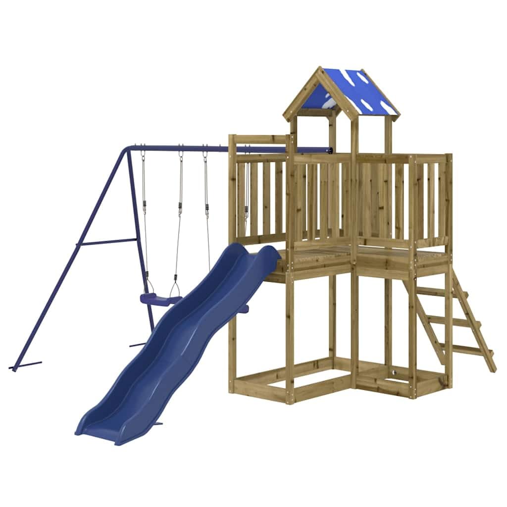 Torre da gioco in legno di pino impregnato con scivolo ondulato e doppia altalena per giardino, casetta giochi per esterni con sabbiera, struttura da arrampicata, scala, altalena