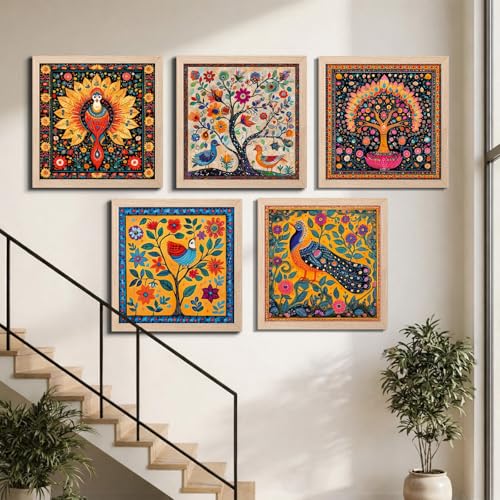 Image of NoWorries Colorful Folk Art Wall Decor Frames Set of 5 | Peacock Bird and Floral Tree Framed Paintings | Traditional Indian Style Artwork | Boho Ethnic Wall Art Prints with Frame for Living Room, Bedroom, Office and Home Decoration