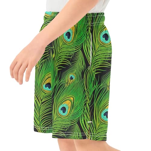 CHIFIGNO Peacock Feathers Green Thick Pull-On Summer Boys Shorts, Knee-Length Teen Boys Vacation Outfits XS4