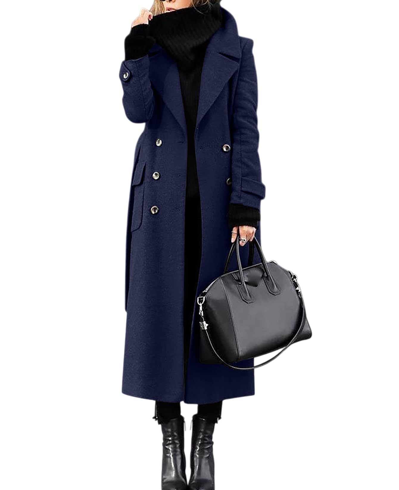 LIUYUYOUGO Women'S Wool Coat Long Winter Jacket Double Breasted Lapel Duster Trench Coat Elegant Slim Full Length Maxi Long Overcoat Peacoat Belted Warm Windproof Outwear Navy Blue M