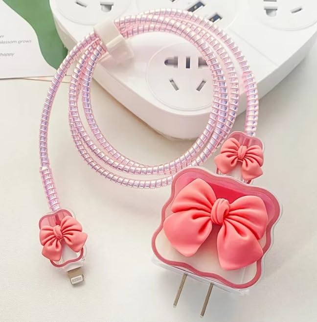 Image of 3D Bow Design Case Cover for iPhone Adapter Compatible with 18W and 20W Charger Only 360 Full Protection Silicone Case Cover 5 in 1. (Pink Bow)