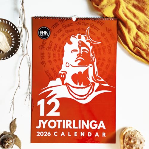 Image of 12 inchx9 inch 12 Jyotirlinga Wall Calendar 2026 | HD Temple & Linga Photos | Mythological Stories | Indian Holidays | Wiro-Bound | Gloss Laminated | Lord Shiva Calendar
