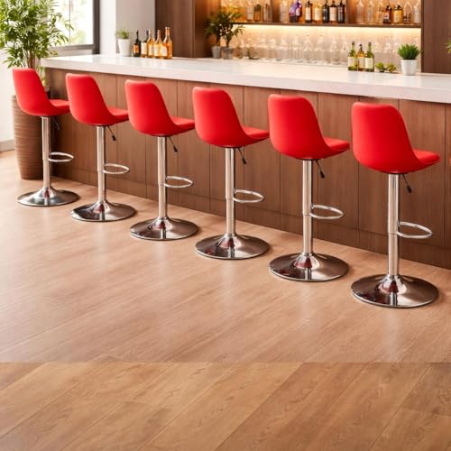 Image of DIYA Seating Solutions 360 Revolving Adjustable Height Bar Stool Chair with Chrome Metal Base | 1 Year Warranty | Leatherette Upholstery | Durable Stool for Kitchen, Salon, Pub- Red (Pack of 6)