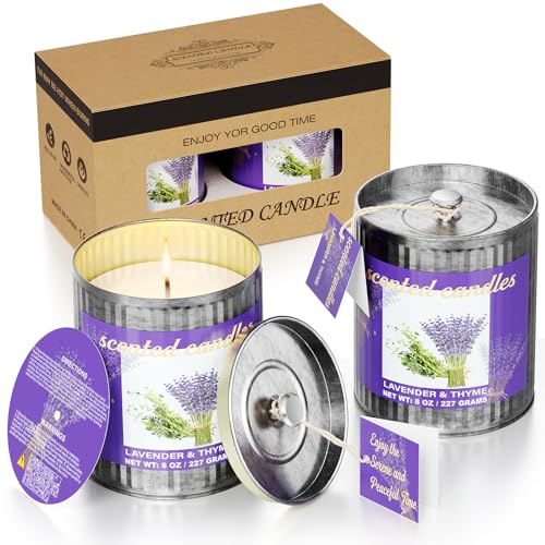 Lavender & Thyme Scented Candles Set | 2-Pack 454g 80H Burn Time,Smokeless Pure Soy Wax | Aromatherapy Tin Jar Candles for Stress Relief & Sleep Aid | Beautiful Gifts for Men and Women/Fathar's Day