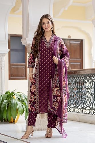 Image of MEERA FAB Women's Cotton Blend Straight Printed Kurta with Palazzo & Dupatta