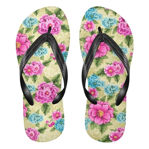 Floral Leaves Yellow Flip Flops for Beach Thong Sandals Anti-slip Lightweight Shower Shoes for Indoor Outdoor House