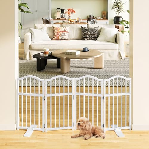 Snughome Dog Gate Indoor, 23.62' H Freestanding Short Dog Door Gates with Support Feet, Expands Up to 48’’ Wide Foldable Pet Gates for Doorways, 4 Panel Folding Pet Door Pet Fence for Puppy, White