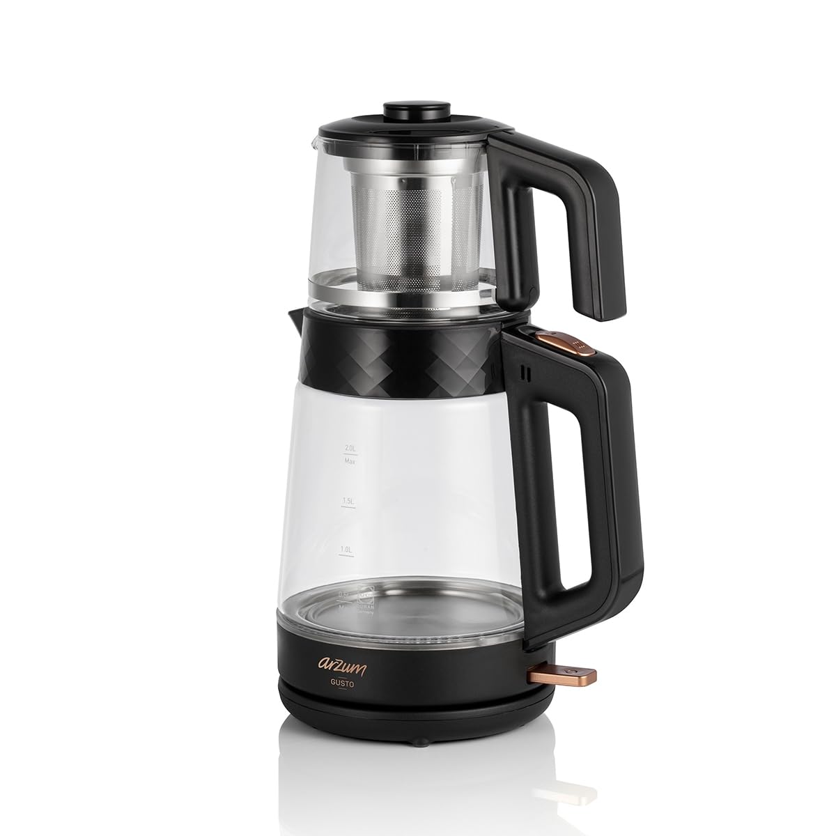 ARZUM GUSTO TEEKOCHER, tetera turca, tetera, hervidor de agua, material de vidrio, jarra de 0,9 litros y jarra de 2 litros. Capacidad del calentador de agua - Negro