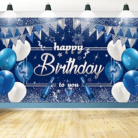 Happy Birthday Backdrop, Navy Blue and Silver Glitter Birthday Party Decoration Background, Birthday Party Supplies Photo Background for Men Women Teens Kids Cover