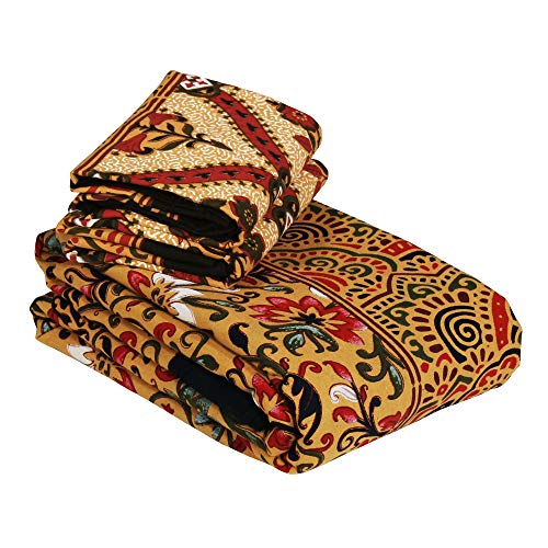 Image of Story@Home 100% Cotton Bedsheet for Double Bed with 2 Pillow Covers|90x108 Inch Abstract Floral Mustard and Red