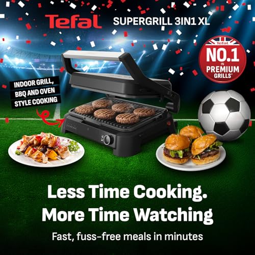 Tefal SuperGrill 3in1 XL, Indoor Grill, BBQ, Oven Style, Panini, Adjustable Temperature, XL Surface, Dishwasher Safe, Non Stick Plates, Stainless Steel, GC520DG1