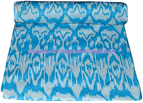 Image of Indian Hand-Block Printed Jaipuri Print Tropical Paisley Floral Ethnic Sanganer Kurti Print Cotton Fabric (Turquoise Ikat Plan, 3 Yards)