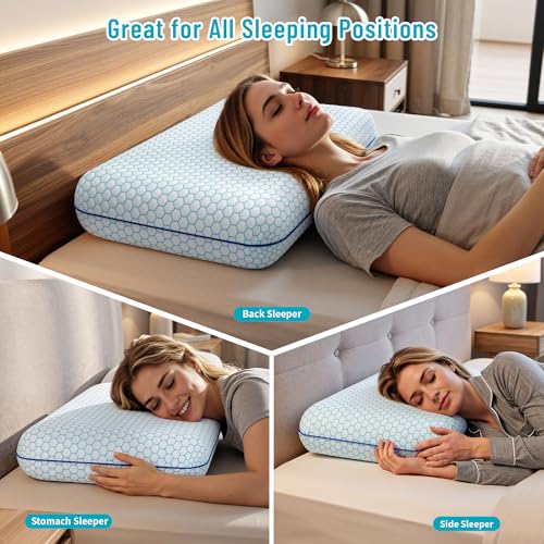 Image of CushyOasis Memory Foam Pillows for Side, Back and Stomach Sleepers, Set of 2, Bed Pillow with Washable Cover and Breathable Mesh, Bed Pillow for Sleeping (Blue，King Size)