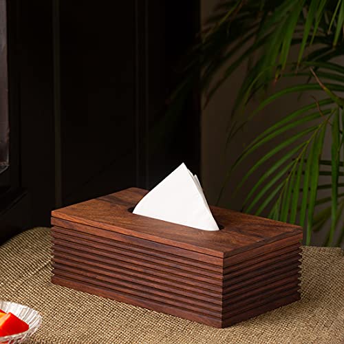 Image of ExclusiveLane 'Ripples of Wood' Handcrafted Wooden Napkin Holder for Dining Table & Tissue Paper Holder For Kitchen (Sheesham Wood) | Tissue Box Holder Tissue Paper Dispenser Napkin Stand Tissue Stand