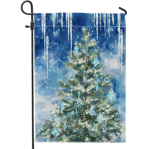 Bandiera da giardino invernale del paese delle meraviglie, albero di Natale blu con ghiaccioli, decorazione per esterni, striscione in iuta su entrambi i lati per decorazione del prato per le vacanze