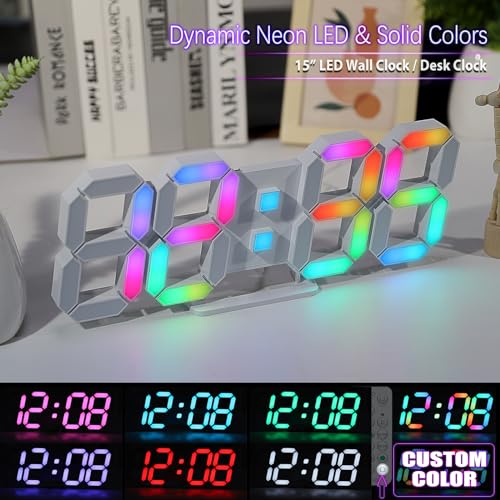 Image of KOSUMOSU LED Wall Clock 15 inch RGB Digital LED Clock for Living Room Decor, Large Display Gaming Room Clocks, Dimming /12 /24 Hr Time /Date /Temp /Remote (White Clock with Neon Light)