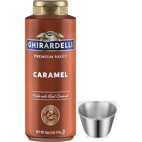 Caramel Flavored Sauce16oz - Perfect for Coffee, Milk Shakes, Ice Cream, Protein Shakes, Dessert Topping + Mini Sauce Cup Cover