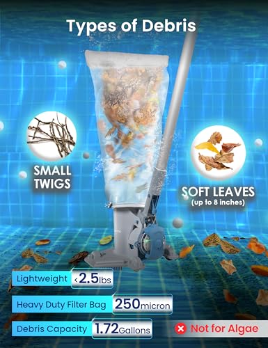 KOKIDO Rechargeable Pool Leaf Vacuum, Light-Duty Cleaning, Leaf Eater Runs 75-Mins, Oversized Debris Bag, For Pool Opening, Leaf & Debris Removal, for Above Ground Pools and Small Inground Pools XV410