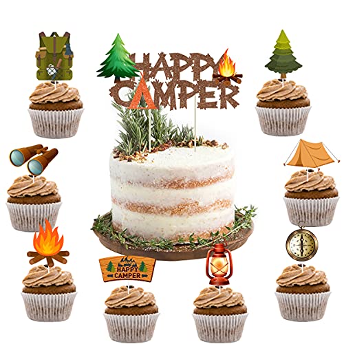 Fangleland 25 Pack Camping Themed Cake Toppers Kit Happy Camper Cake Topper, Camping Bag Flashlight Campfire Cupcake Toppers for Camping Birthday Party and Baby Shower