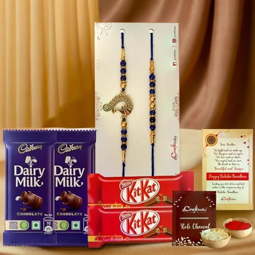 Image of eCraftIndia Set of 2 Blue & Golden Pearls and Peacock Designer Rakhis for Brothers with Chocolate, 2 Cadbury Dairy Milk, 2 Kitkat, Rakhi with Chocolate Gift - Roli Chawal Pack, Greeting Card