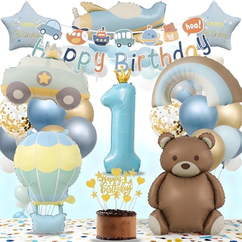 Decoração 1º aniversário criança com ursinho e balões, festa 1 ano azul dourado, Banner Happy Birthday, decoração bolo, balões de arco-íris avião carro (azul)