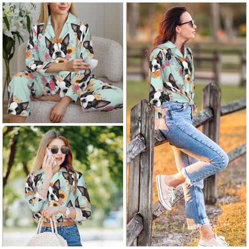 Image of Women'S Long Sleeve Pajama Set Soft Loungewear Button-Down Top & Elastic Waist Pants S- 2XL