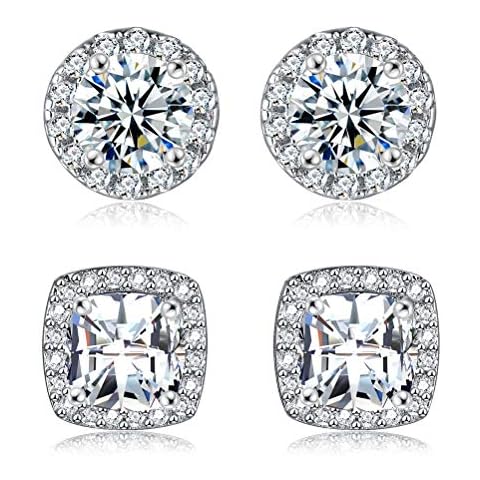 18K White Gold Plated Round Square Cubic Zirconia Simulated Diamond Halo Stud Earrings (2 Pairs) Cover