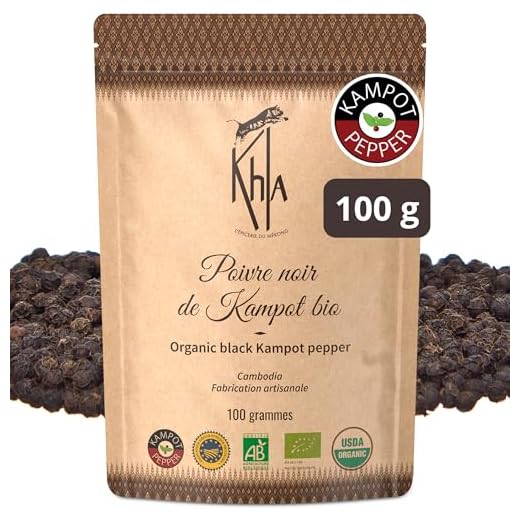 Khla - Zwarte Kampot Peper 100g - Biologische Zwarte Kampot Peperkorrels - Premium Peper uit Cambodja - Grand Cru, Zeldzaam & Exquise - Voor Navulling Pepermolen - Rechtstreeks van de Producent - Herk