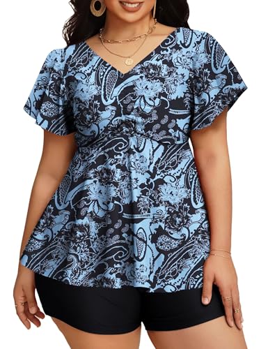 LIENRIDY Women's Plus Size Swimsuits Ruffled Sleeve Tummy Control Swimwear Two Piece Bathing Suits