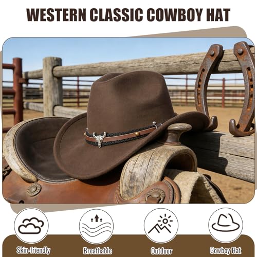 Aegistus Cowboyhut für Damen und Herren, Kunstpelz-Filz-Cowgirl-Hüte, Outdoor-Hut mit breiter Krempe und Riemen, Braun
