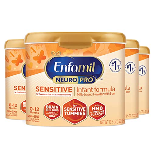 Image of Enfamil NeuroPro Sensitive Baby Formula, Brain and Immune Support with DHA, Iron & Prebiotics, Lactose Sensitivity Infant Formula Inspired by Breast Milk, 19.5 Ounce (Pack of 4)