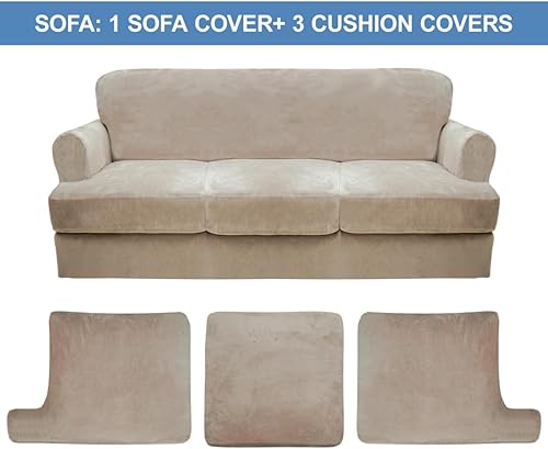 Miniatura 5 de CUCRAF Funda para sofá con cojines en forma de T de 4 piezas, fundas deslizantes, funda de sofá de terciopelo suave y grueso para sala de estar,