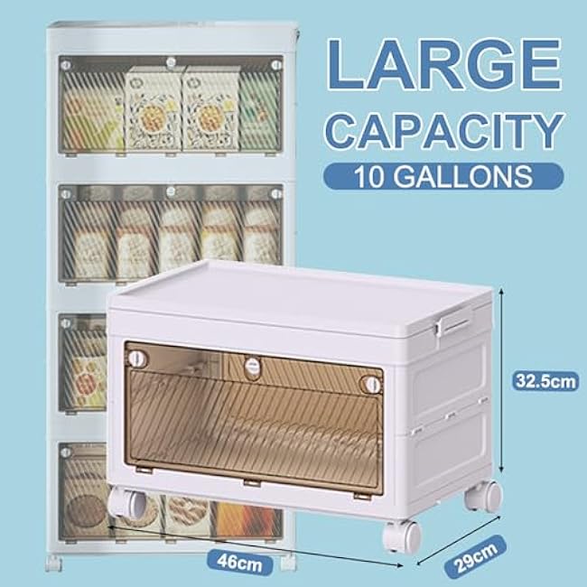 Hobetta Storage Bins with Lids, Folding Storage Box with Handle and Wheels, Stackable Closet Organizers, Plastic Storage Cabinet for Bedroom Study Office, 1PC