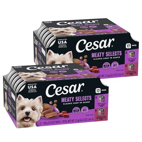 Cesar Classic Loaf in Sauce Adult Wet Dog Food, Filet Mignon Flavor and Porterhouse Steak Flavor, 3.5 oz. Easy Peel Trays, Variety Pack (12 Count Pack of 2)