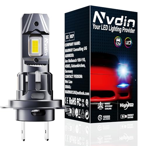 Nvdin Bombillas h7 led 30000lm, lámpara para Faros de Coche y Moto, Muy Compacto y Montaje Directo, tamaño halógeno 1:1, Kit de Luces de 12v para luz de Carretera o Cruce, 6000k, Paquete de 1