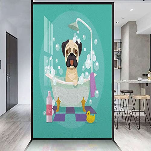 Teal No Glue Frosted Privacy Film Stained Glass Door Film Pug Dog In Bathtub Cartoon Style Image Privacy Window Film Stained Glass Window Decals Nursery 23.6Wx47.2L-Inch #TOP1
