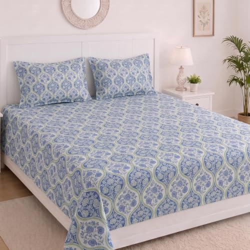 Image of Mafatlal 186 TC Grace King Size Cotton Bedsheet | 108 x 108 Inch | Lightweight & Breathable Bed Linen Set with 2 Pillow Covers | Baja Blue
