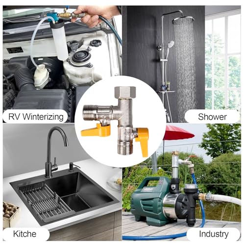 Image of RV 3-Way By-Pass Valves Replacement, Solid Brass 3-Way Diverter Valves,RV Pump Converter Winterizing Part, Rv Water Pump Fittings 1 /2 inch NPT