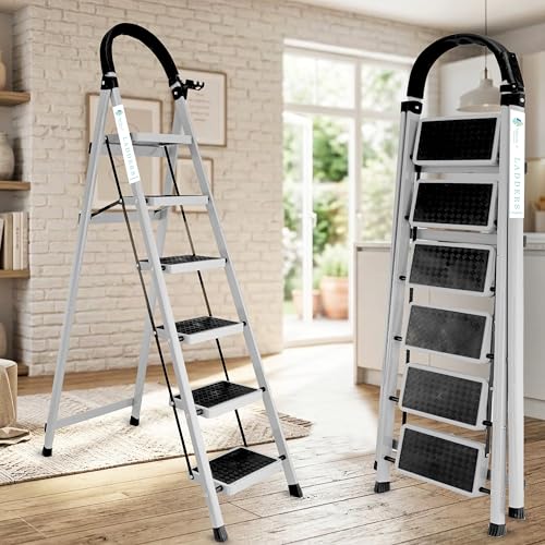 Image of Norman Jr White 6 Step Ladder for Home Use with Built-in Tool Tray | Heavy Duty D Shape Rods | Ultra Large Platform | Wide Rubber Feet | 150Kg Capacity Foldable Ladder - 7 Years Warranty