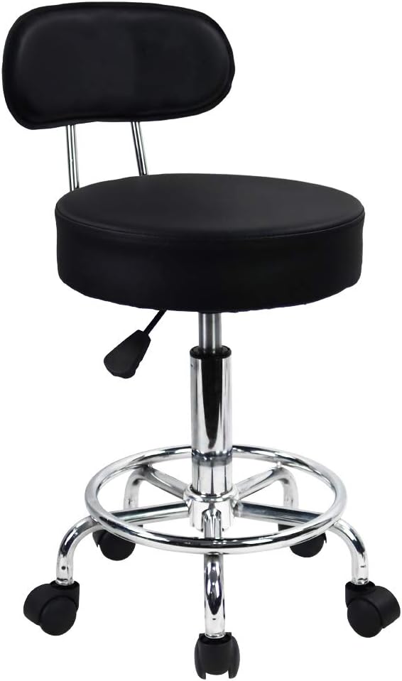 PU Leather Rolling Stool Mid-Back with Footrest Height Adjustable Office Computer Home Drafting Swivel Task Chair with Wheels (Black)