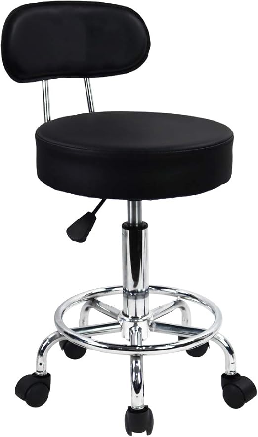 KKTONER PU Leather Rolling Stool Mid-Back with Footrest Height Adjustable Office Computer Home Drafting Swivel Task Chair with Wheels (Black)