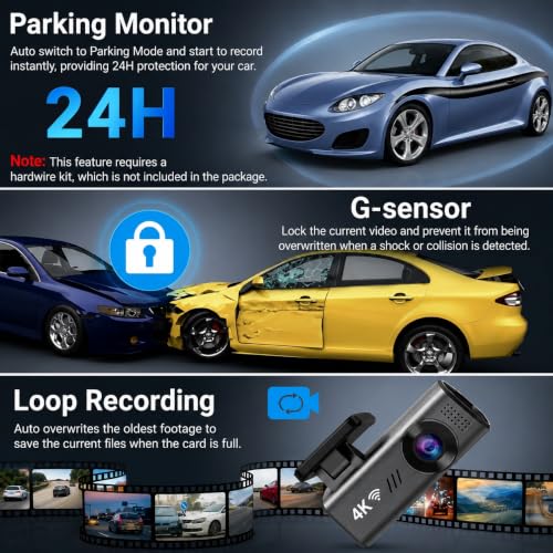 Image of AUTO SNAP 4K Dash Cam for Cars WiFi Dashboard Camera with Night Vision Front Single Lens Car Recorder 24 /7 Parking Monitor G-Sensor Loop Recording Screenless Design Supports 4K /2K Resolution