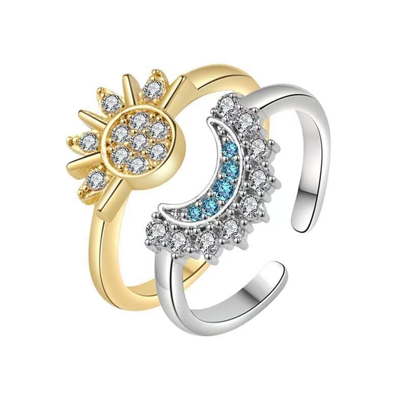Trending Sun and Moon Adjustable Ring Set – Gold & Silver Celestial Open Rings with Crystal Accents.-image-37