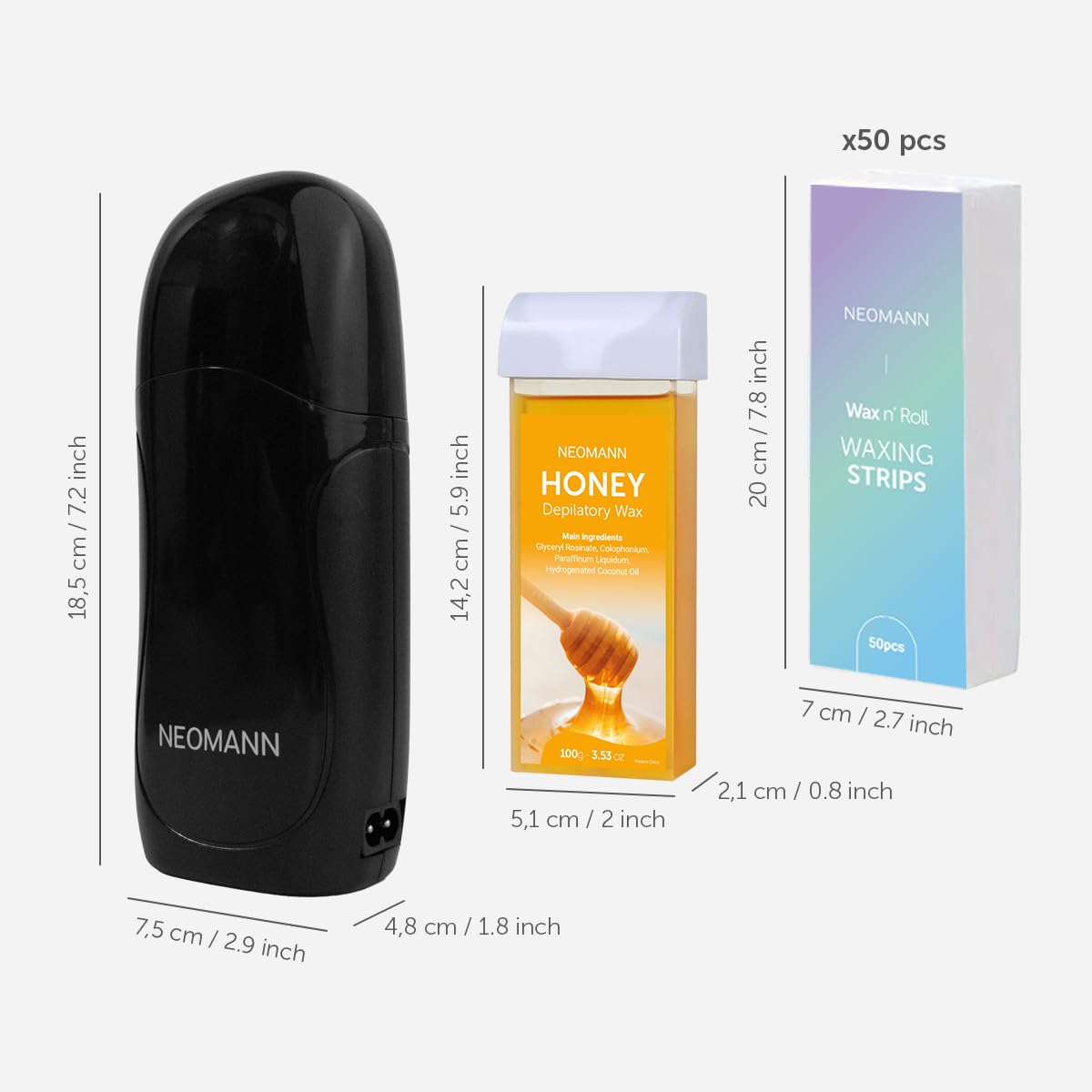 Wax-n'Roll - Set di depilazione Honey | scaldabagno Roll-On con 2 cartucce a forma di miele, 50 strisce di cera e 6 panni per la cura (nero) – qualità salone per la casa