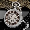 Tiong Vintage Mechanical Pocket Watch Wood Grain Hollow Men's Steampunk Roman Numerals Silver Pocket Watches with Chain Box #2